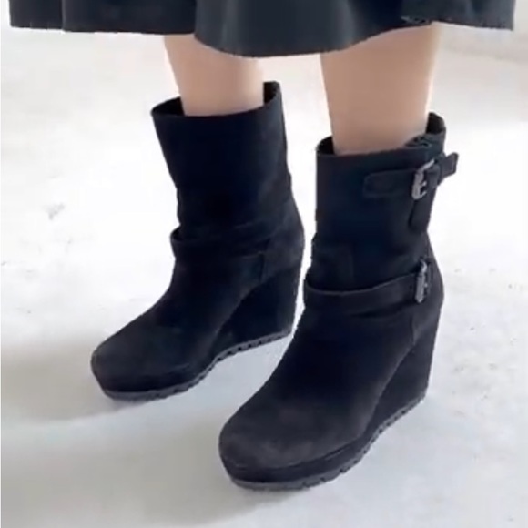 PRADA Black Suede Double Buckle Wedge Ankle Booties Boots - Picture 3 of 13